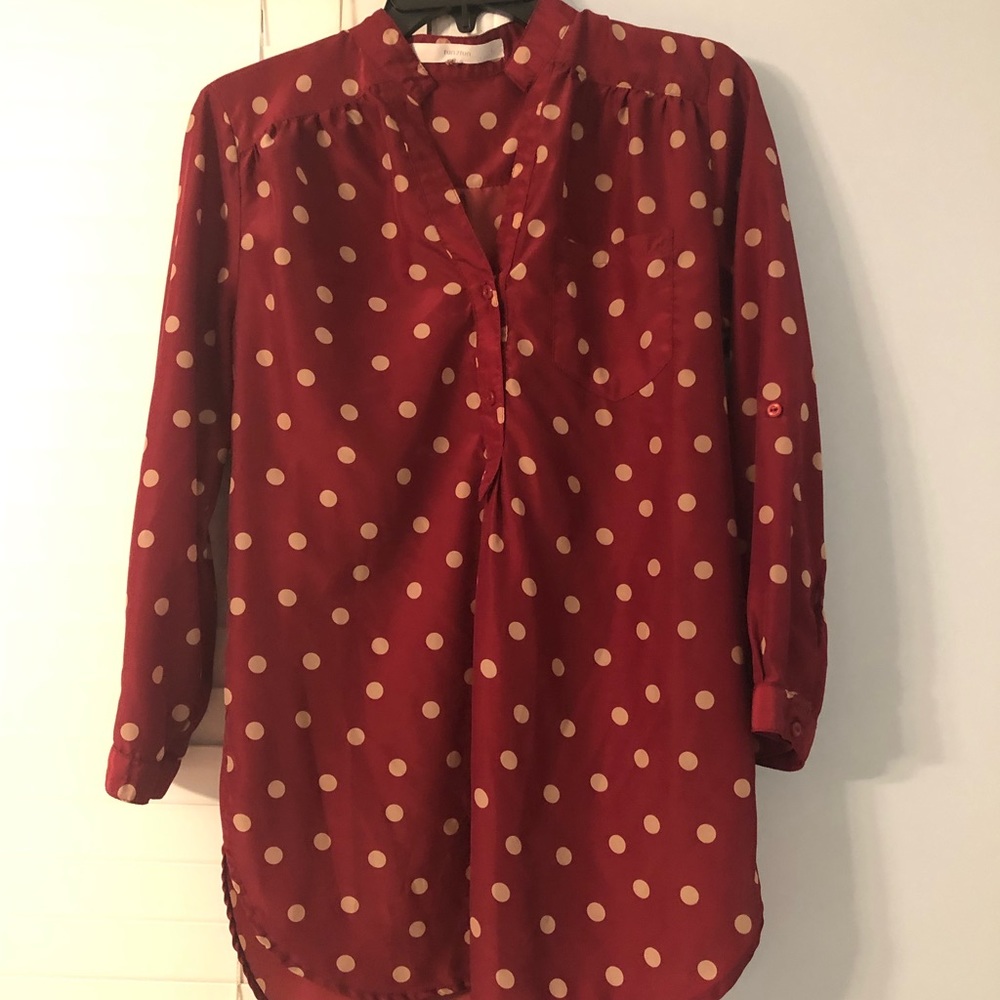 Long sleeved burgundy polka dot shirt